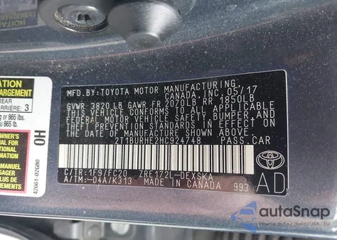 2017 Toyota Corolla Se из США, поврежденный, VIN 2T1BURHE2HC924748